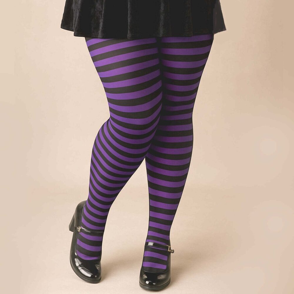 Plus Size 1x/2x 3x/4x Striped Opaque Tights Womens Black and Purple Pantyhose